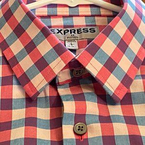 Men's Express Pink and Blue Plaid Cotton Button Down Causal Shirt Size Lg Fitted